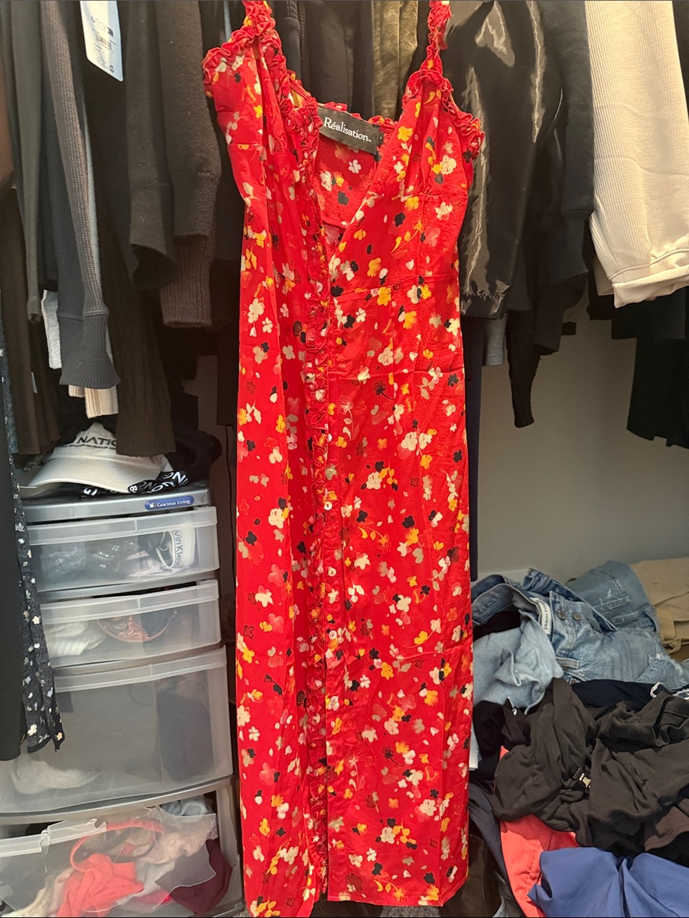 Realisation Par Red Floral Button-Front Maxi Dress